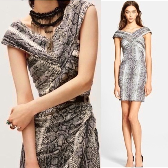 THE KOOPLES Snakeskin Print Crossover Pleated V-Neck Sleeveless Bodycon Dress 8 - Picture 1 of 8